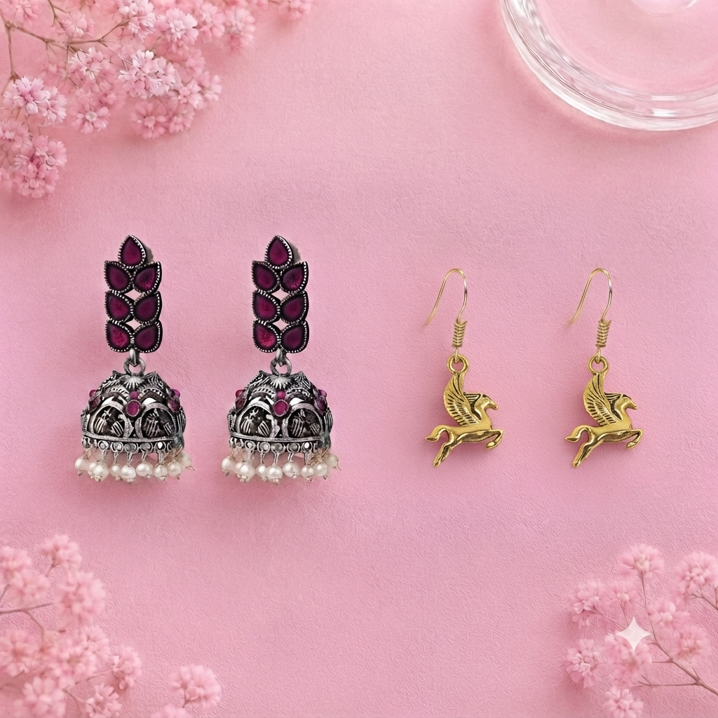 Leaf Cascade jhumki earrings (Red) Winged Glam dangler earrings Combo set