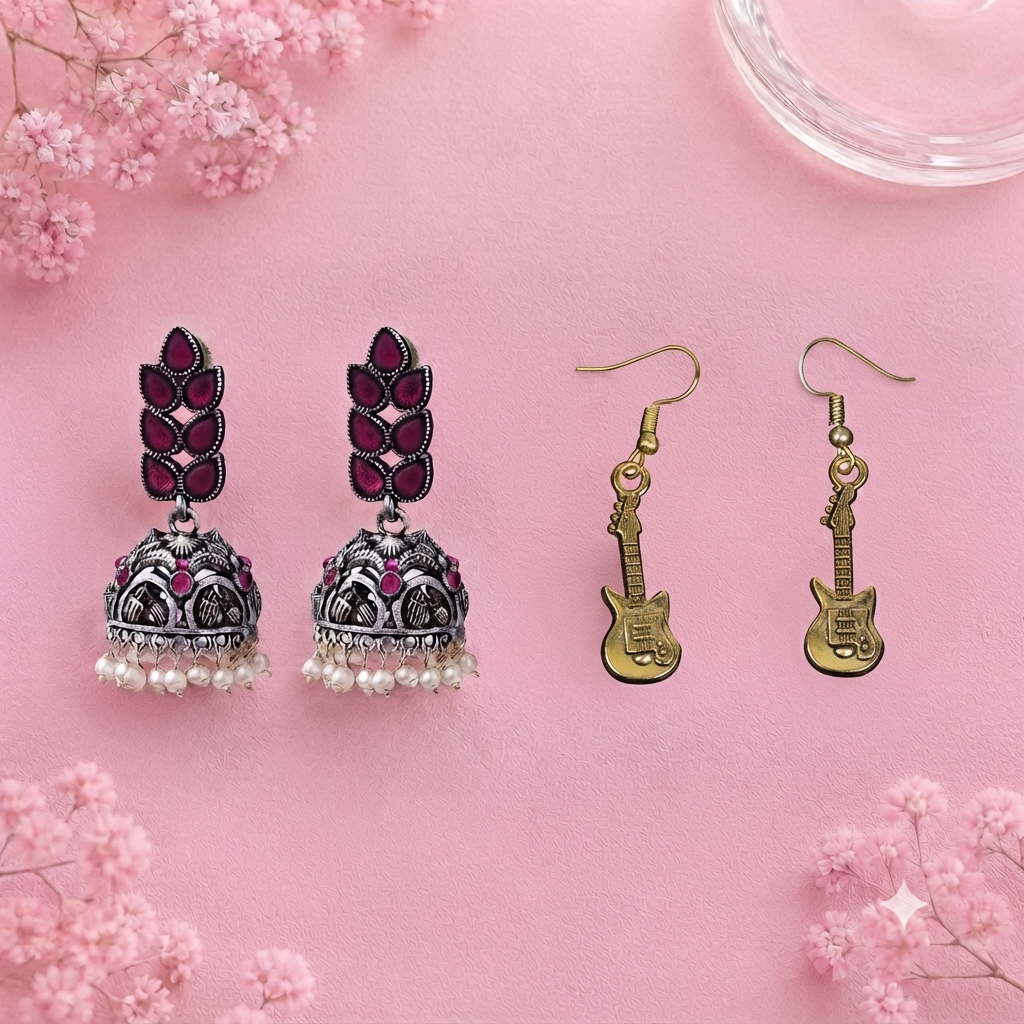 Leaf Cascade jhumki earrings (Red) Strum chic dangler earrings Combo set