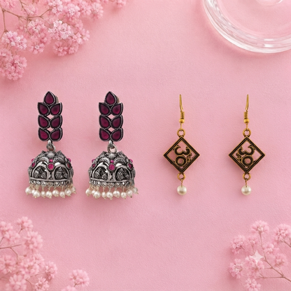 Leaf Cascade jhumki earrings (Red) Eternal om dangler earrings Combo set