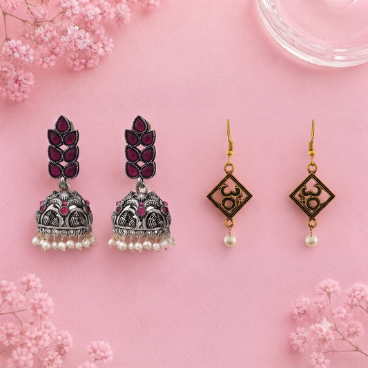 Leaf Cascade jhumki earrings (Red) Eternal om dangler earrings Combo set