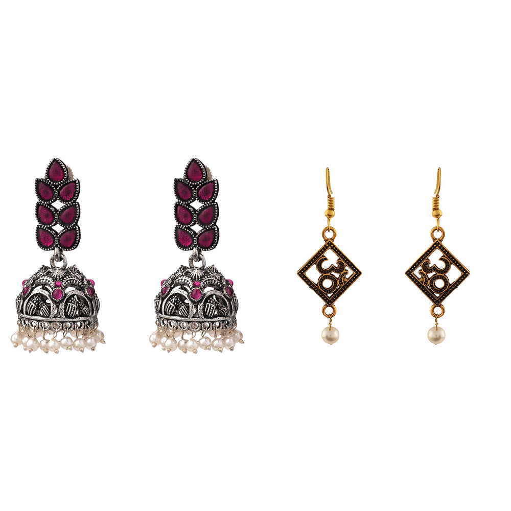 Leaf Cascade jhumki earrings (Red) Eternal om dangler earrings Combo set