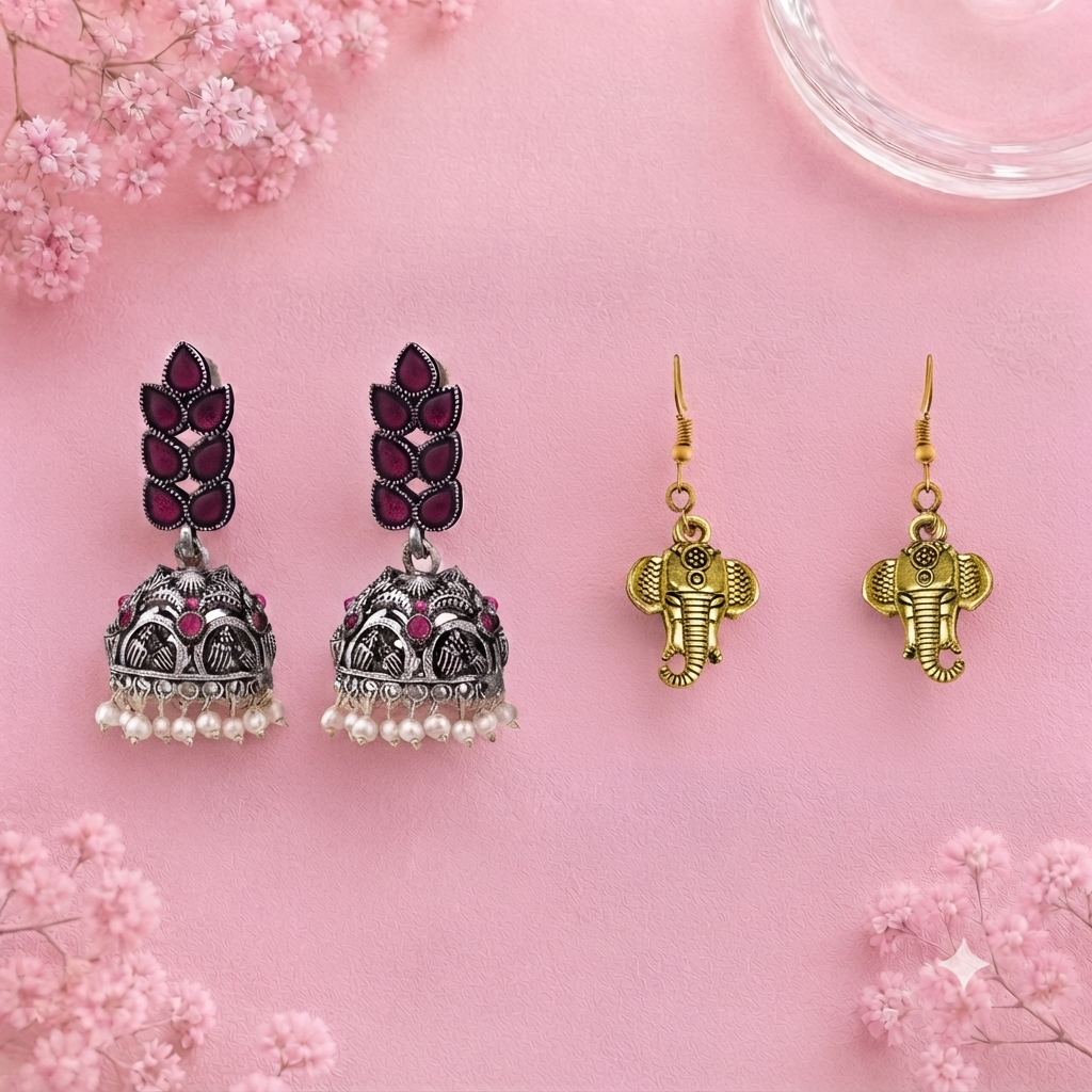 Leaf Cascade jhumki earrings (Red) Ganpati dangler earrings Combo set