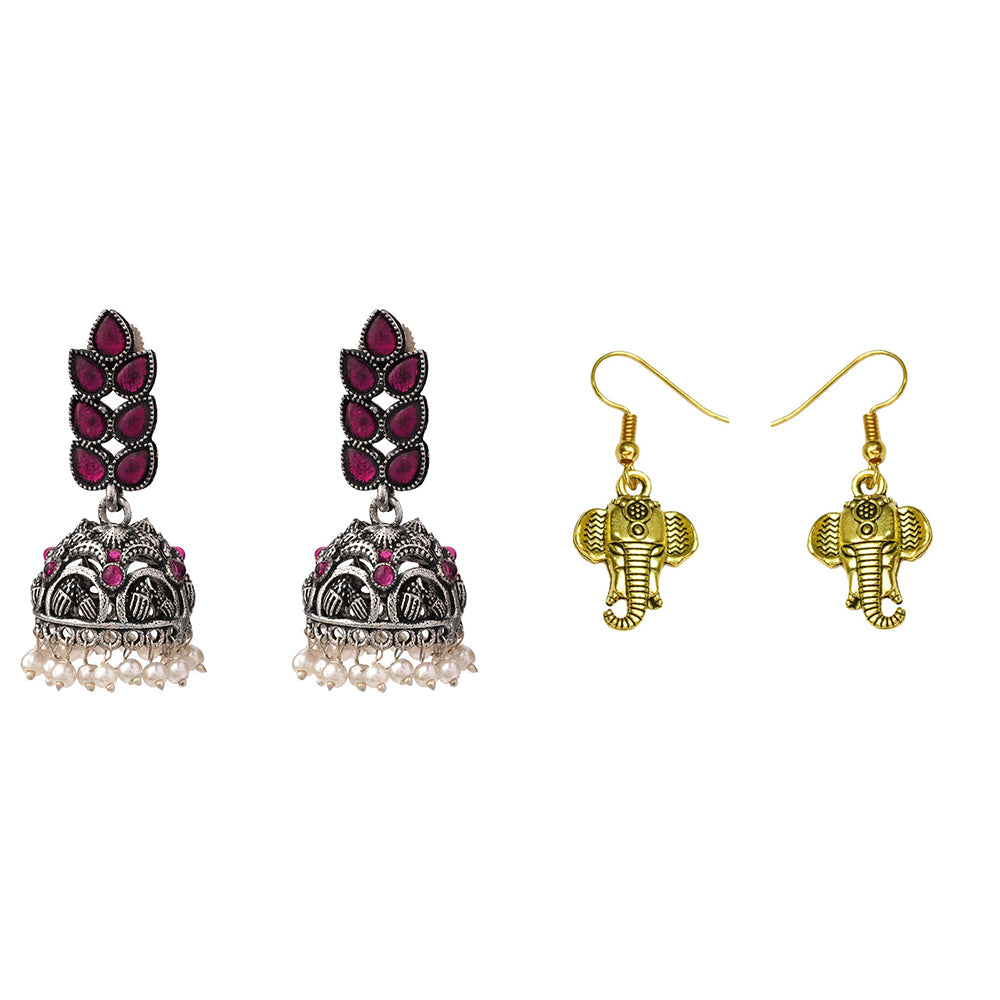 Leaf Cascade jhumki earrings (Red) Ganpati dangler earrings Combo set
