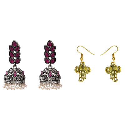 Leaf Cascade jhumki earrings (Red) Ganpati dangler earrings Combo set