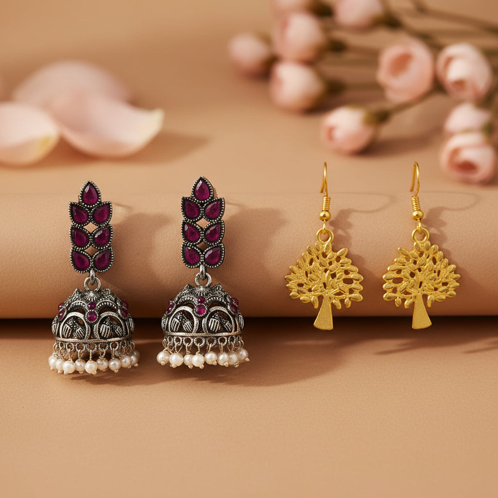 Leaf Cascade jhumki earrings (Red) Eternal roots dangler earrings Combo set