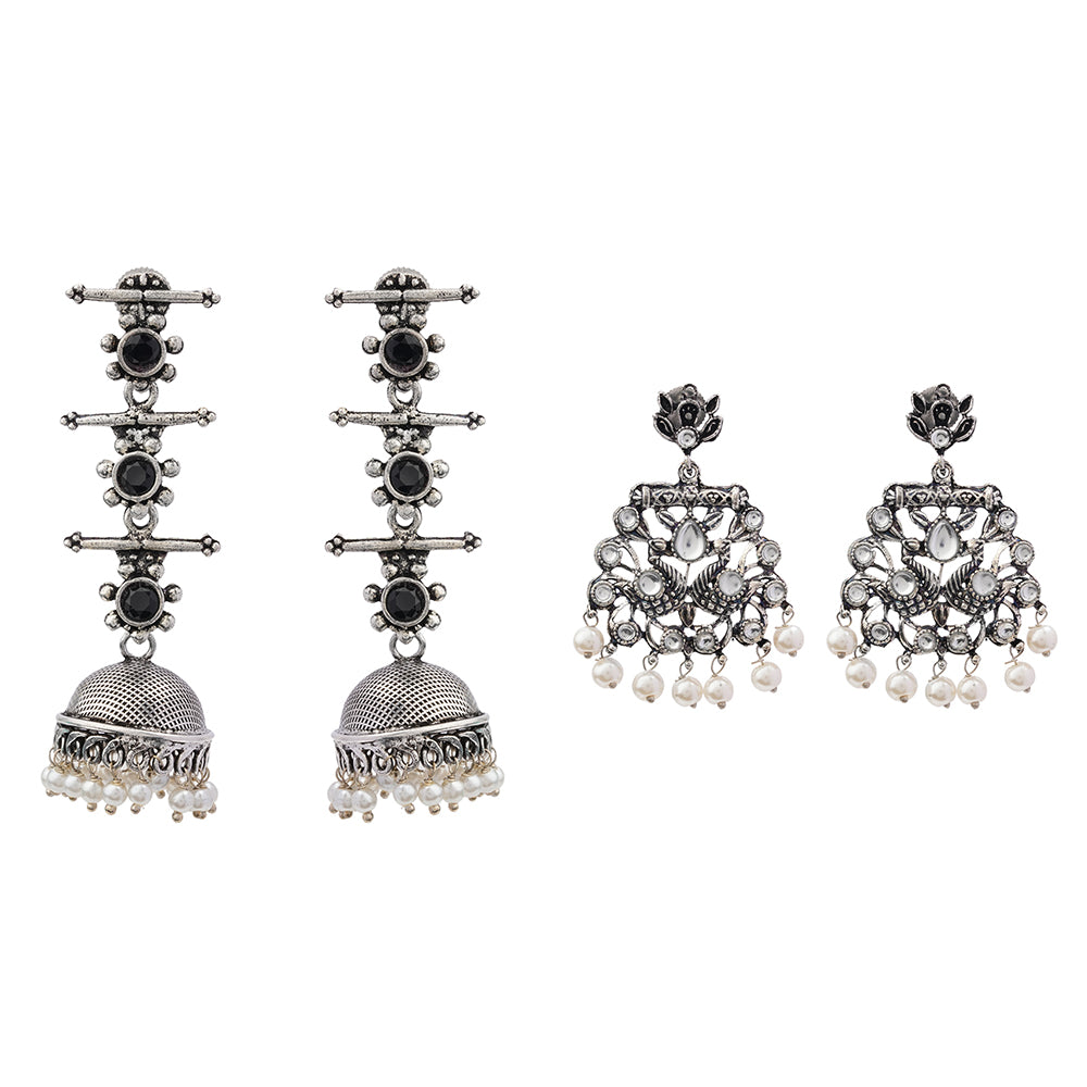 Royal Triple Bell Layered Jhumka Earring (Black) Peacock glow stone studded dangler earrings (White) Combo set