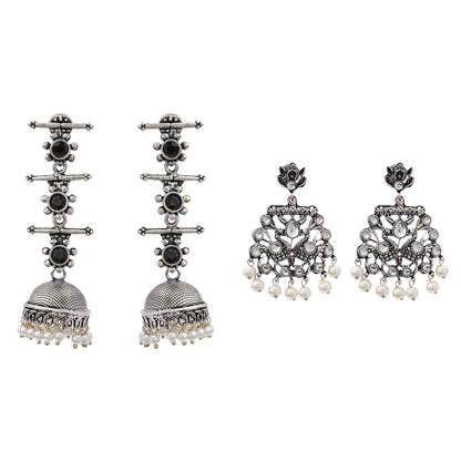 Royal Triple Bell Layered Jhumka Earring (Black) Peacock glow stone studded dangler earrings (White) Combo set