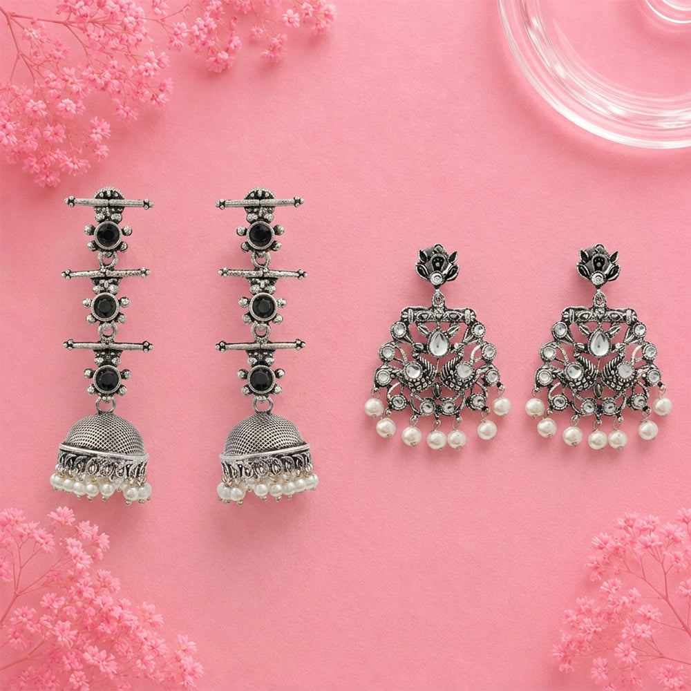 Royal Triple Bell Layered Jhumka Earring (Black) Peacock glow stone studded dangler earrings (White) Combo set