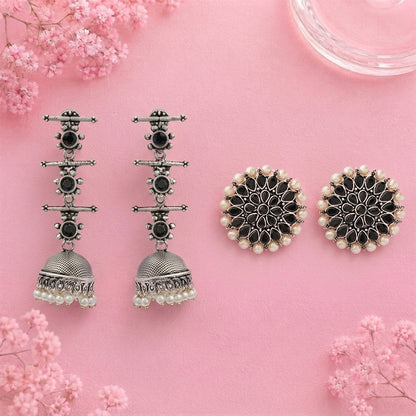 Royal Triple Bell Layered Jhumka Earring (Black) Desi Diva stud earring (Black) Combo set
