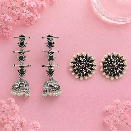 Royal Triple Bell Layered Jhumka Earring (Black) Desi Diva stud earring (Black) Combo set
