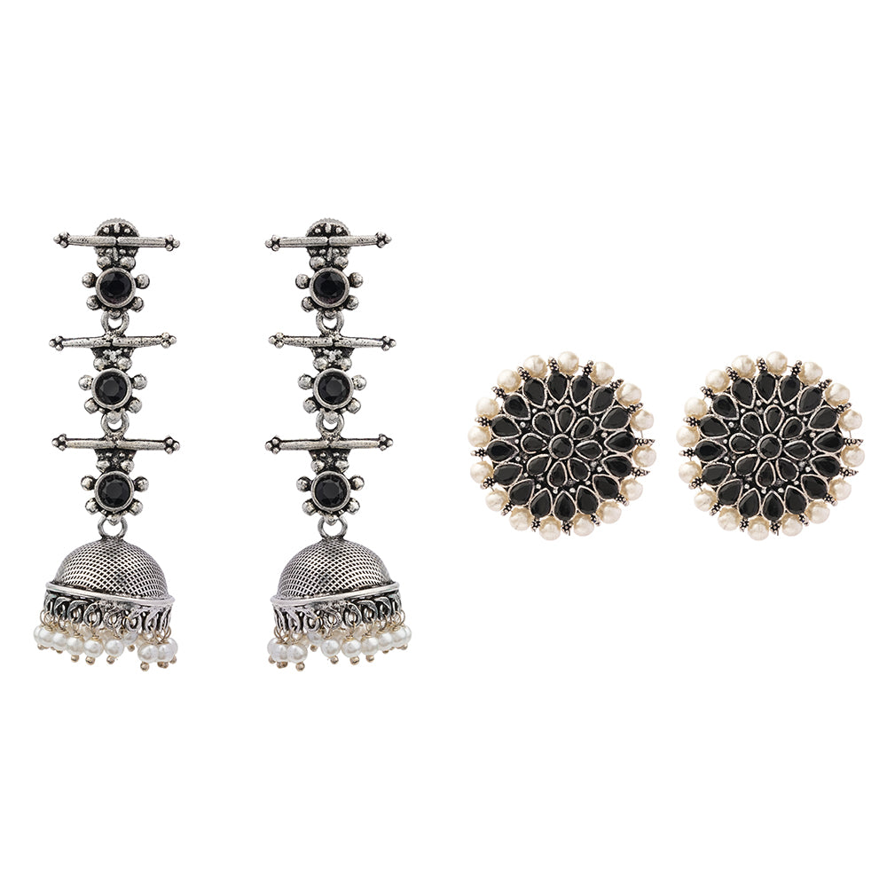 Royal Triple Bell Layered Jhumka Earring (Black) Desi Diva stud earring (Black) Combo set