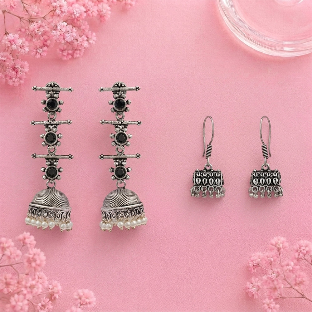 Royal Triple Bell Layered Jhumka Earring (Black) Tiny Twinkle jhumki earring (Silver) Combo set