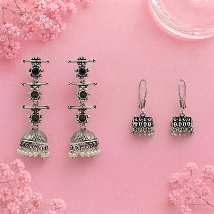 Royal Triple Bell Layered Jhumka Earring (Black) Tiny Twinkle jhumki earring (Silver) Combo set