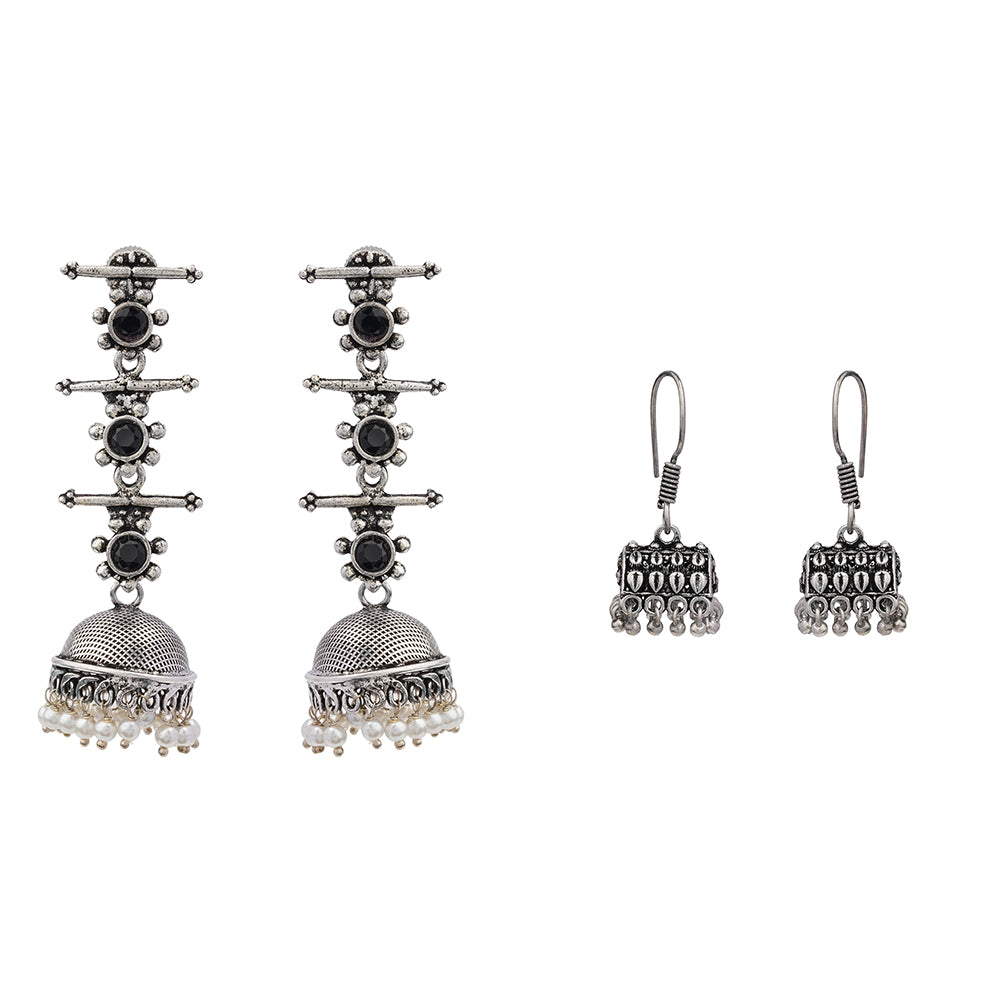 Royal Triple Bell Layered Jhumka Earring (Black) Tiny Twinkle jhumki earring (Silver) Combo set