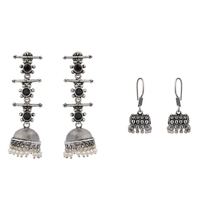 Royal Triple Bell Layered Jhumka Earring (Black) Tiny Twinkle jhumki earring (Silver) Combo set