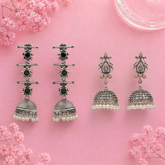 Royal Triple Bell Layered Jhumka Earring (Black) Kalash Kamal earring (Light Orange) Combo set