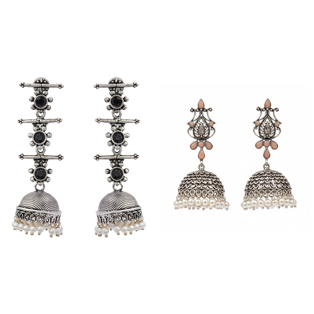 Royal Triple Bell Layered Jhumka Earring (Black) Kalash Kamal earring (Light Orange) Combo set