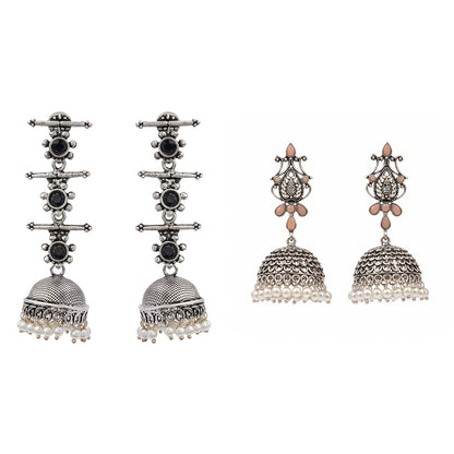 Royal Triple Bell Layered Jhumka Earring (Black) Kalash Kamal earring (Light Orange) Combo set