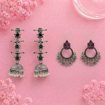 Royal Triple Bell Layered Jhumka Earring (Black) Fine Shine stud earrings (Red) Combo set