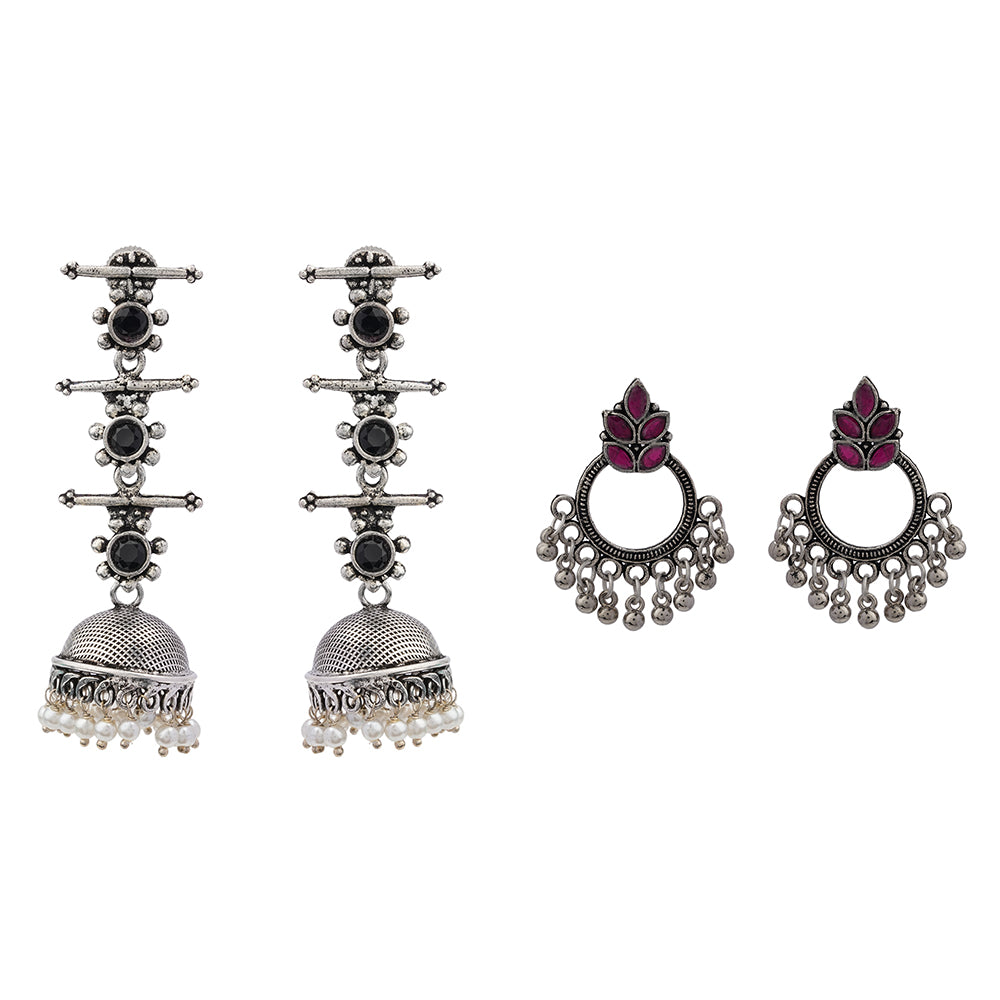 Royal Triple Bell Layered Jhumka Earring (Black) Fine Shine stud earrings (Red) Combo set