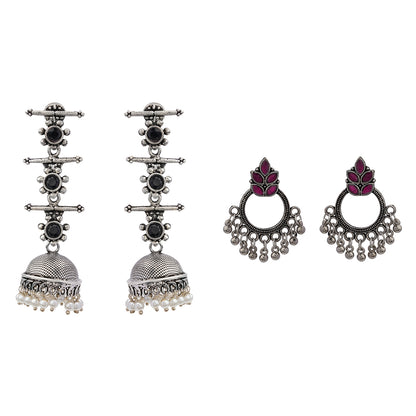 Royal Triple Bell Layered Jhumka Earring (Black) Fine Shine stud earrings (Red) Combo set