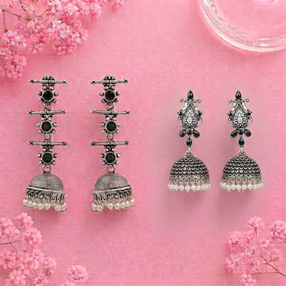Royal Triple Bell Layered Jhumka Earring (Black) Kalash Kamal earring (Black) Combo set