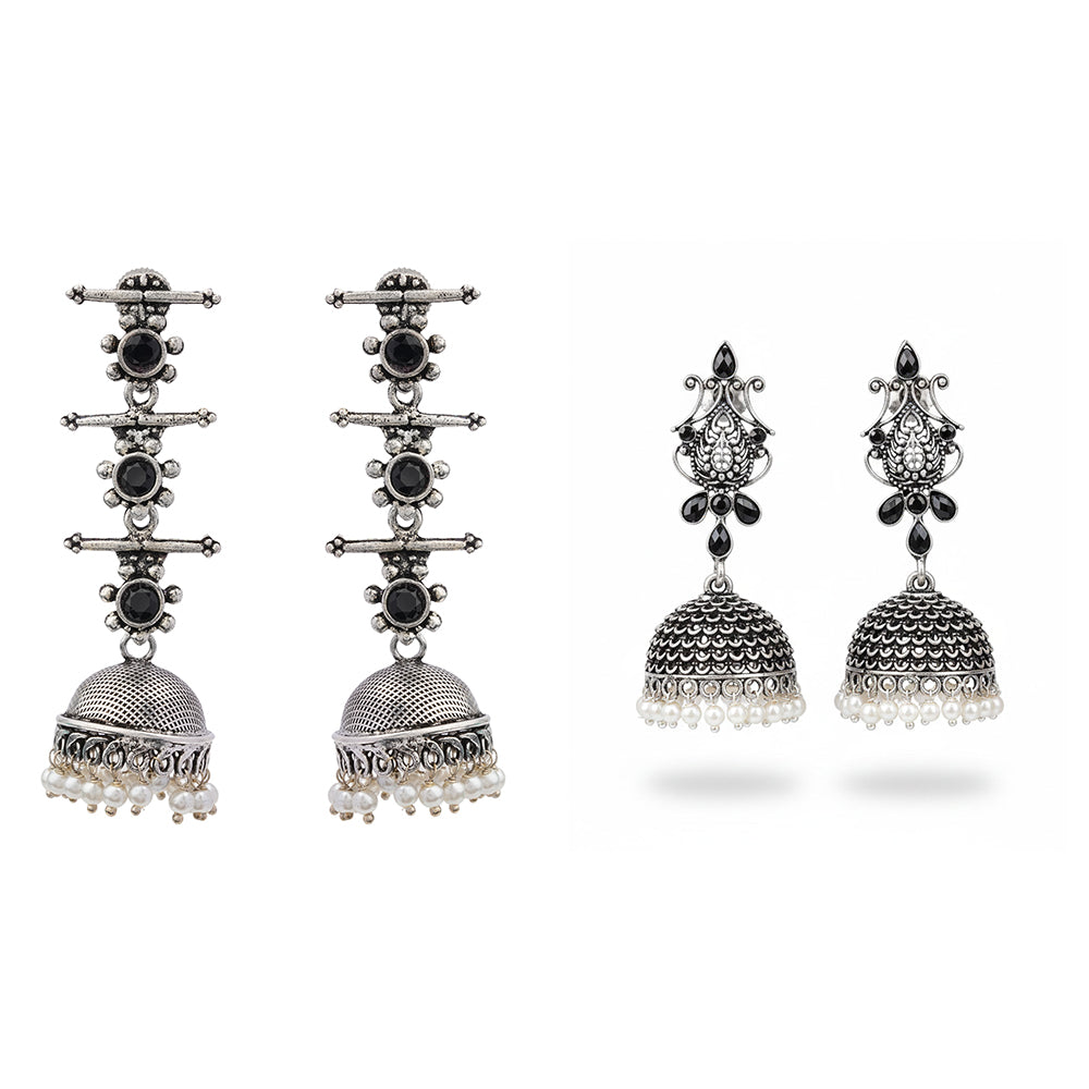 Royal Triple Bell Layered Jhumka Earring (Black) Kalash Kamal earring (Black) Combo set