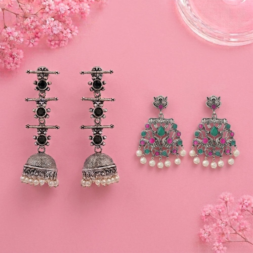 Royal Triple Bell Layered Jhumka Earring (Black) Peacock glow stone studded dangler earrings (Multicolored) Combo set