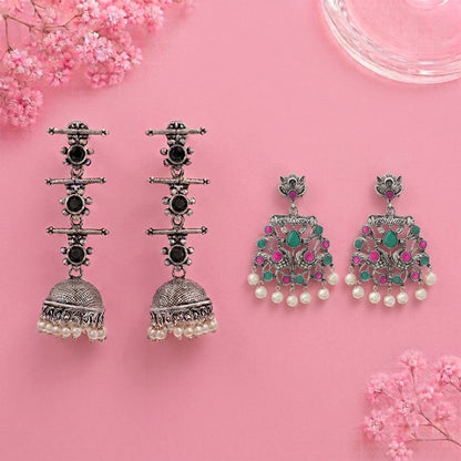 Royal Triple Bell Layered Jhumka Earring (Black) Peacock glow stone studded dangler earrings (Multicolored) Combo set