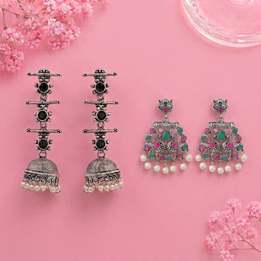 Royal Triple Bell Layered Jhumka Earring (Black) Peacock glow stone studded dangler earrings (Multicolored) Combo set