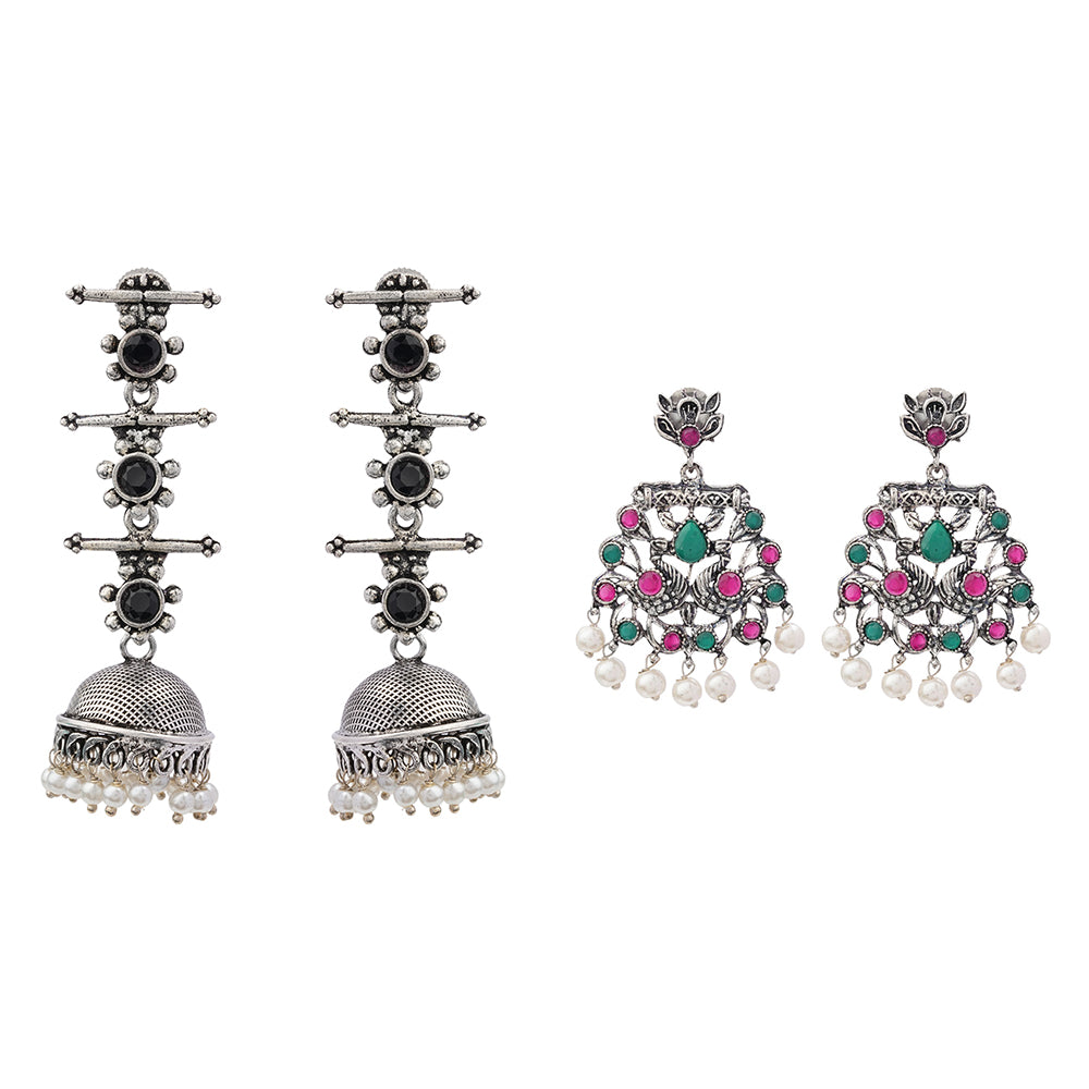 Royal Triple Bell Layered Jhumka Earring (Black) Peacock glow stone studded dangler earrings (Multicolored) Combo set