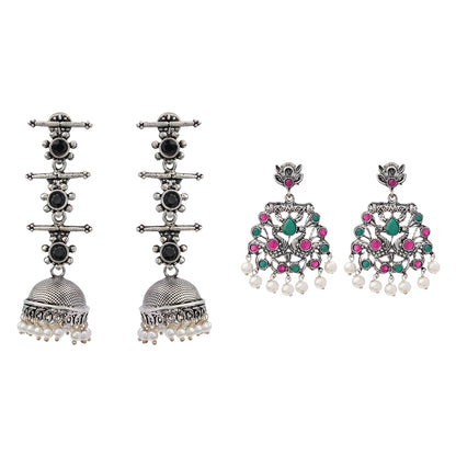 Royal Triple Bell Layered Jhumka Earring (Black) Peacock glow stone studded dangler earrings (Multicolored) Combo set