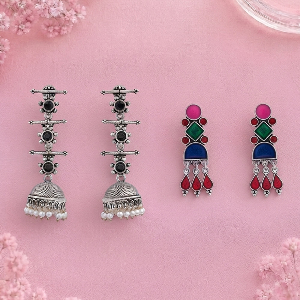 Royal Triple Bell Layered Jhumka Earring (Black) Rainbow rhine dangler earrings (Multicolored) Combo set
