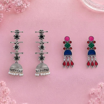 Royal Triple Bell Layered Jhumka Earring (Black) Rainbow rhine dangler earrings (Multicolored) Combo set