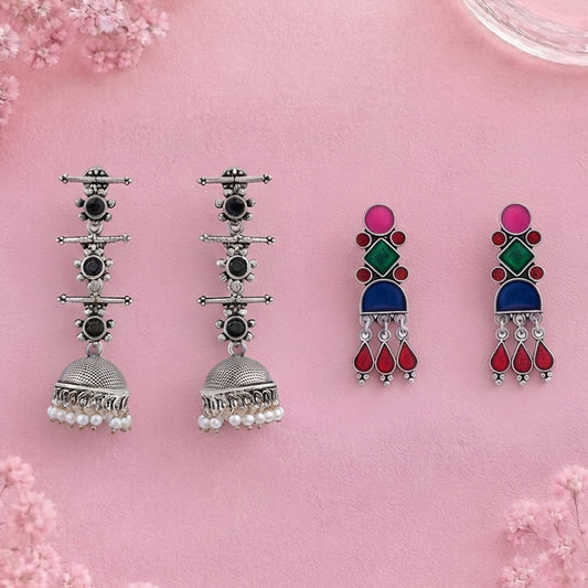 Royal Triple Bell Layered Jhumka Earring (Black) Rainbow rhine dangler earrings (Multicolored) Combo set