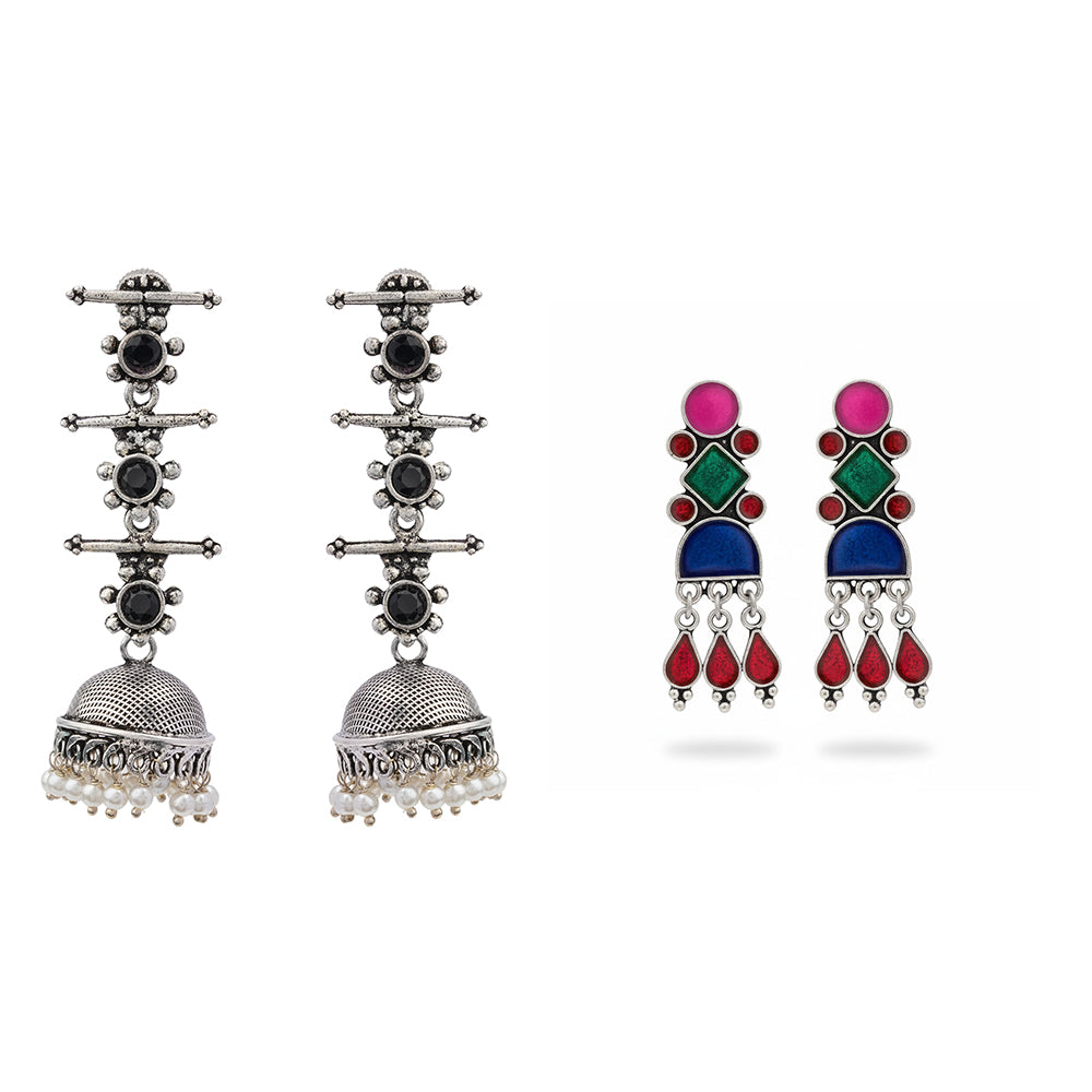 Royal Triple Bell Layered Jhumka Earring (Black) Rainbow rhine dangler earrings (Multicolored) Combo set