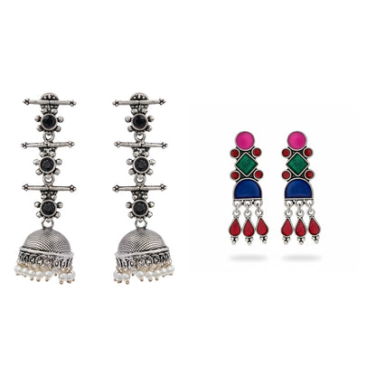 Royal Triple Bell Layered Jhumka Earring (Black) Rainbow rhine dangler earrings (Multicolored) Combo set