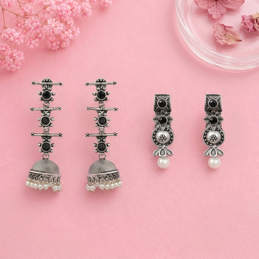 Royal Triple Bell Layered Jhumka Earring (Black) Wonderful wildflower oxidised stud earrings (Black) Combo set