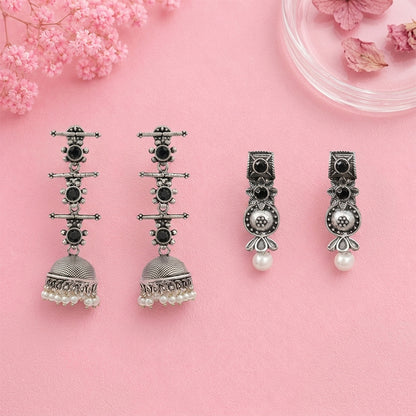 Royal Triple Bell Layered Jhumka Earring (Black) Wonderful wildflower oxidised stud earrings (Black) Combo set