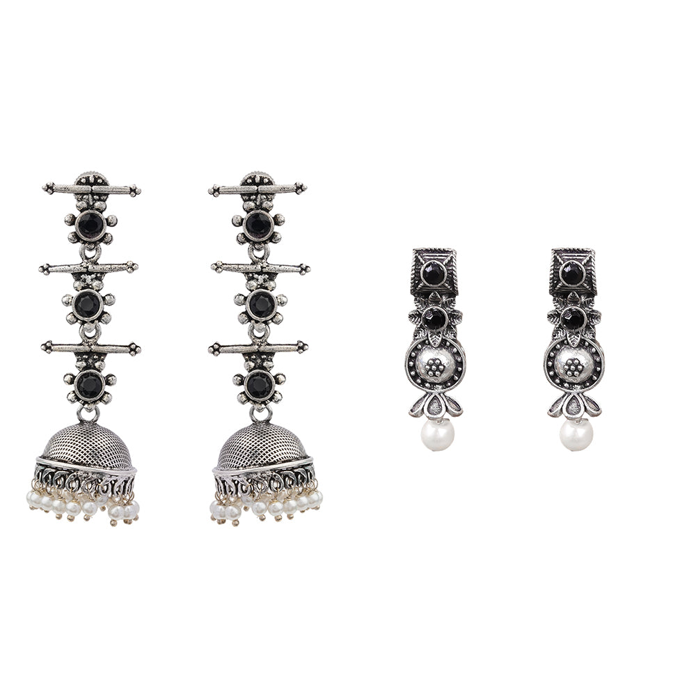 Royal Triple Bell Layered Jhumka Earring (Black) Kalash Kamal earring (White) Combo set