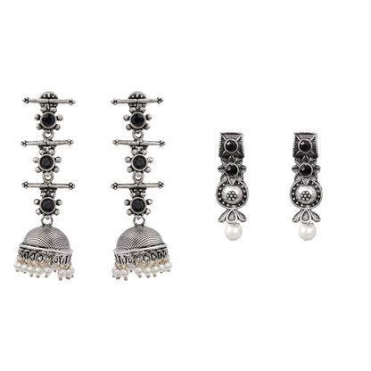 Royal Triple Bell Layered Jhumka Earring (Black) Kalash Kamal earring (White) Combo set
