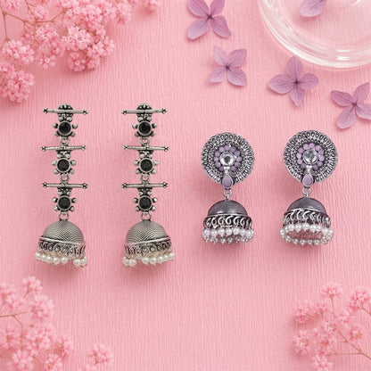 Royal Triple Bell Layered Jhumka Earring (Black) Evergreen earrings (Baby Pink) Combo set