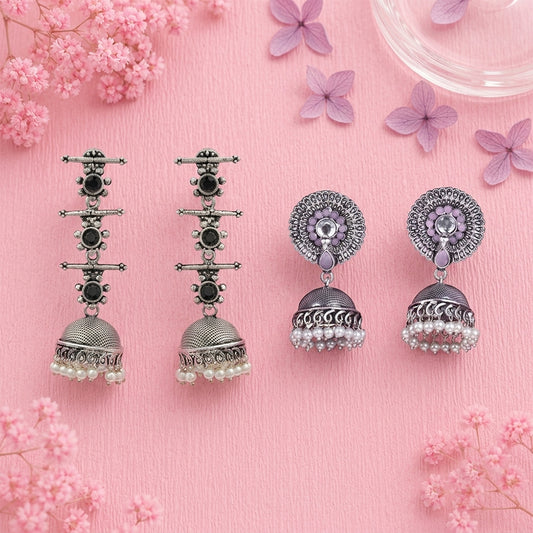 Royal Triple Bell Layered Jhumka Earring (Black) Evergreen earrings (Baby Pink) Combo set