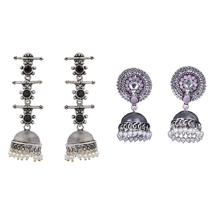 Royal Triple Bell Layered Jhumka Earring (Black) Evergreen earrings (Baby Pink) Combo set