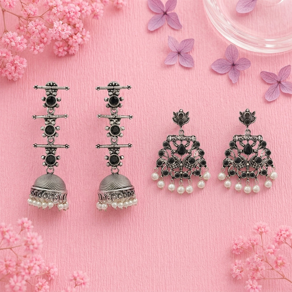 Royal Triple Bell Layered Jhumka Earring (Black) Peacock glow stone studded dangler earrings (Black) Combo set