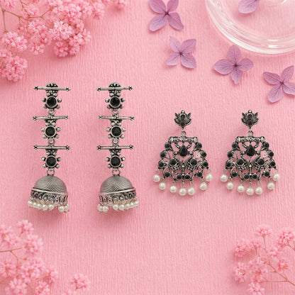 Royal Triple Bell Layered Jhumka Earring (Black) Peacock glow stone studded dangler earrings (Black) Combo set