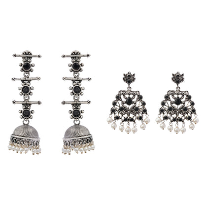 Royal Triple Bell Layered Jhumka Earring (Black) Peacock glow stone studded dangler earrings (Black) Combo set