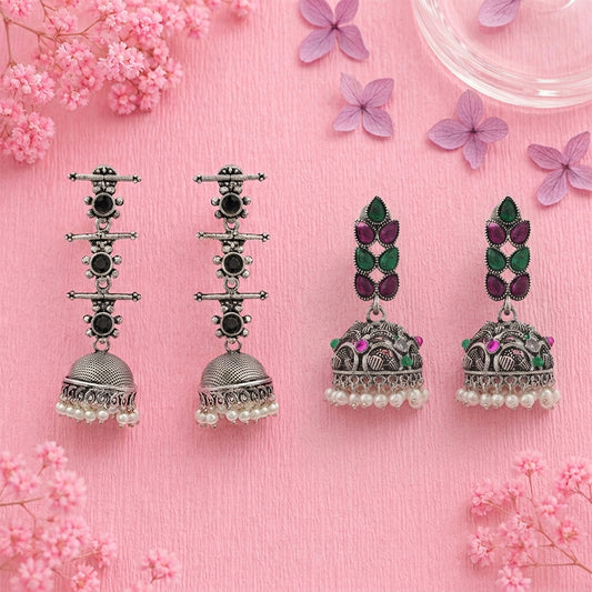 Royal Triple Bell Layered Jhumka Earring (Black) Leaf Cascade jhumki earrings (Multicolored) Combo set