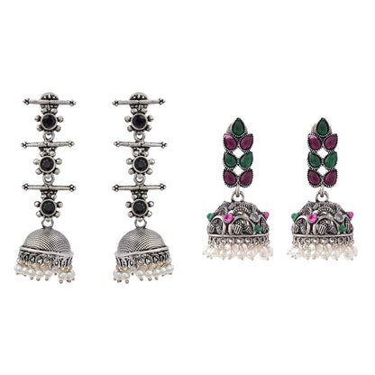 Royal Triple Bell Layered Jhumka Earring (Black) Leaf Cascade jhumki earrings (Multicolored) Combo set