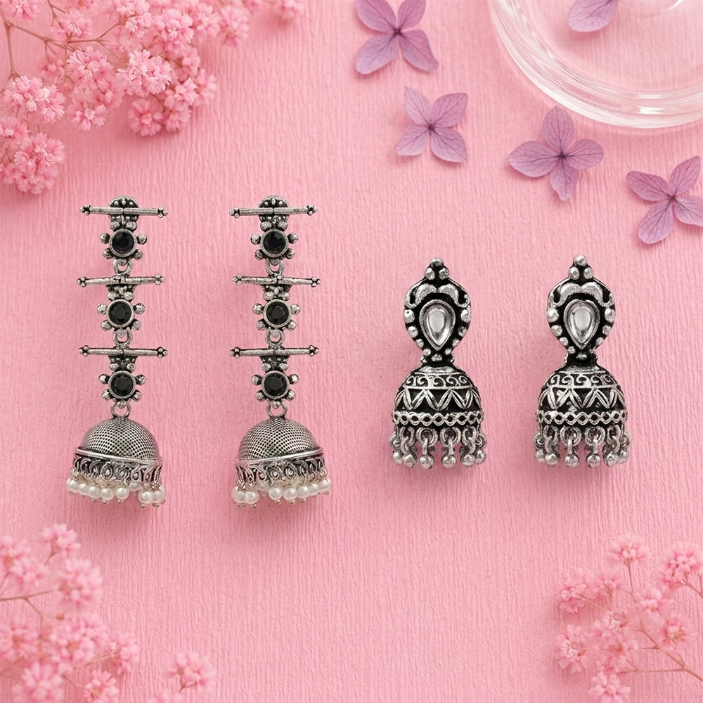 Royal Triple Bell Layered Jhumka Earring (Black) Jharokha stone studded jhumki earring (White) Combo set